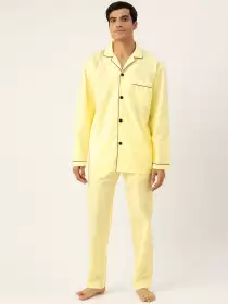 Men Cotton Solid Pyjamas Set
