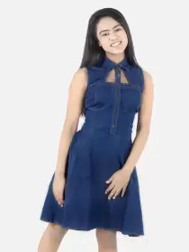 Girls Denim Tie-Up Neck Dress