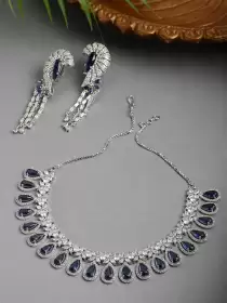 Women Rhodium-Plated AD Studded Crescent Design Jewellery Set