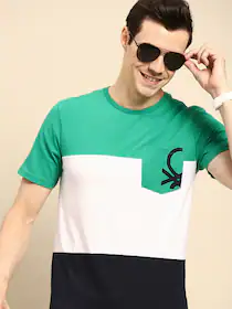 United Colors of Benetton Men Green & White Colourblocked T-shirt