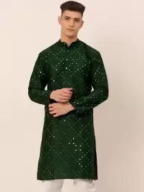 Men Green Mirror Work Kurta