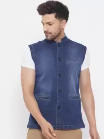 Men Solid Denim Nehru Jackets