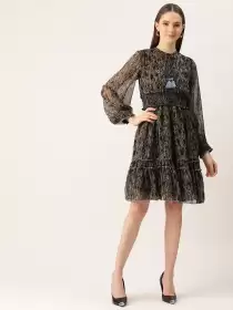 Floral Chiffon A-Line Tie-Up Neck Dress