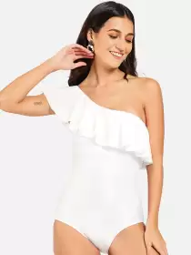 Women Ruffle Design One-Shoulder One-Piece Swimsuit