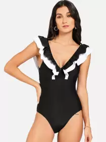 Women Ruffle V-Neck One-Piece Swimsuit