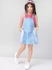 Girls Solid Pinafore Denim Dress