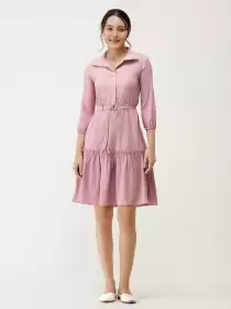 Tiered Crepe Dress With Belt