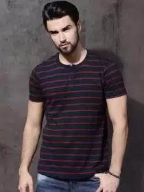 Striped Henley Neck Pure Cotton T-shirt