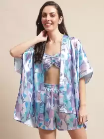 Women Tropical Printed Bikini Bra With Shorts & Shrug Beachwear Set
