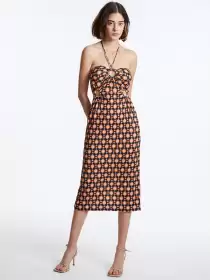 Floral Print A-Line Midi Halter Neck Dress