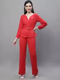 Women Red Wrap Co-Ords
