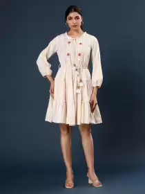 Floral Striped Fit & Flare Tie-Up Neck Puff Sleeve Dress
