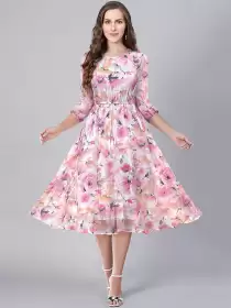 Floral Print Georgette Fit & Flare Midi Bell Sleeve Dress