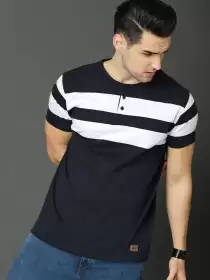Striped Henley Neck Pure Cotton T-shirt
