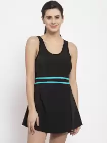 Women Striped A-Line Swimdress with Attached Shorts