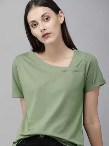 Solid Asymmetric Neck Pure Cotton T-shirt - image 2
