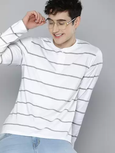 Men Striped Henley Neck Pure Cotton T-shirt - image 2