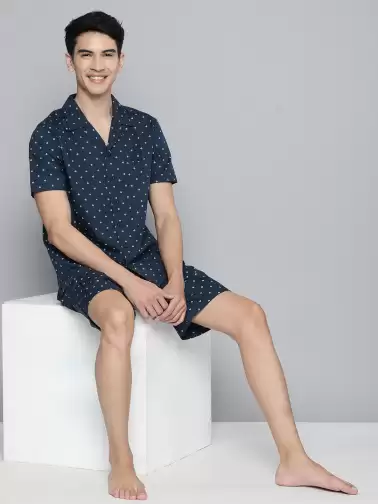 Men Navy Blue Print Night suit - image 2