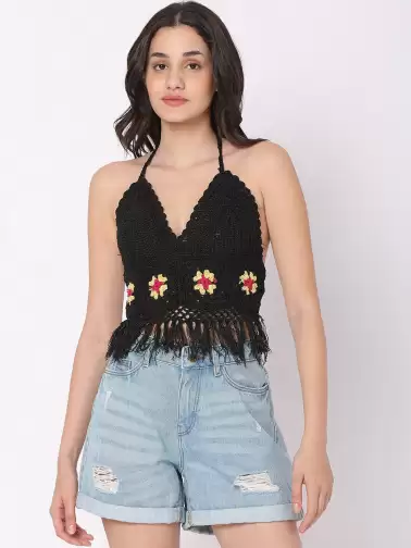 Women Solid Crochet Swim Bikini Top - image 2