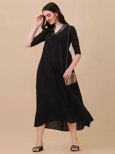 V-Neck A-Line Midi Dress - image 2