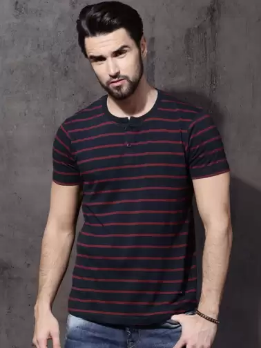 Striped Henley Neck Pure Cotton T-shirt - image 2