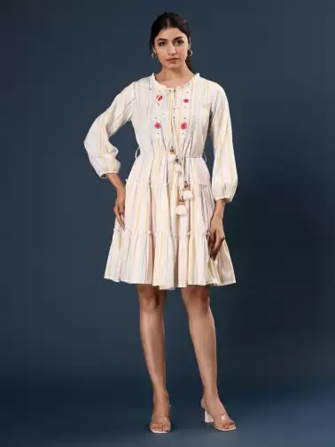 Floral Striped Fit & Flare Tie-Up Neck Puff Sleeve Dress - image 2