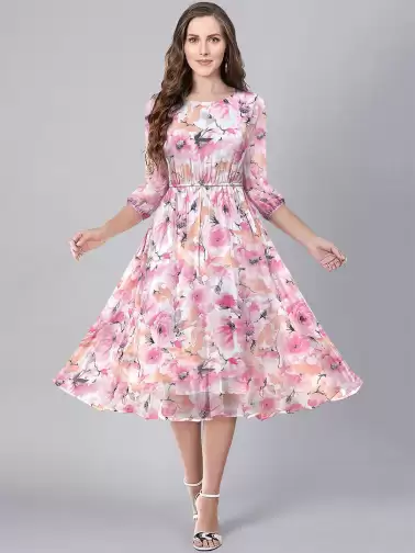 Floral Print Georgette Fit & Flare Midi Bell Sleeve Dress - image 2