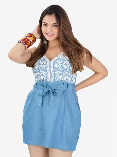 Print Denim A-Line Mini Dress - image 2