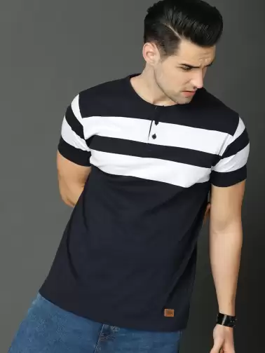 Striped Henley Neck Pure Cotton T-shirt - image 2