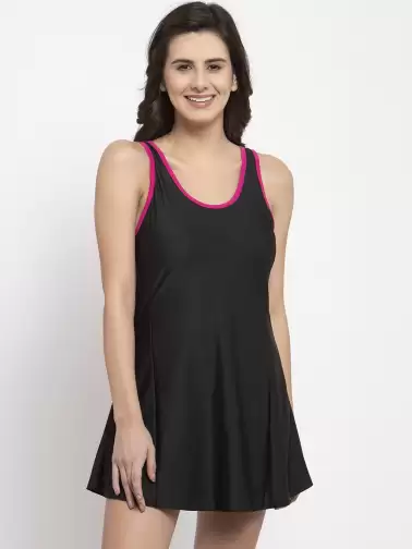 Women Solid Swimdress with Attached Shorts - image 2