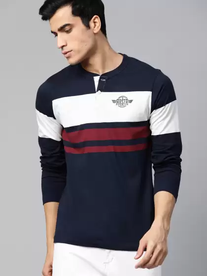Striped Henley Neck Pure Cotton T-shirt - image 3