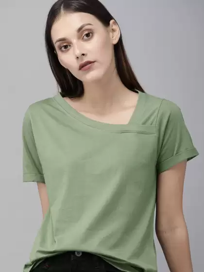 Solid Asymmetric Neck Pure Cotton T-shirt - image 3