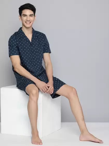 Men Navy Blue Print Night suit - image 3
