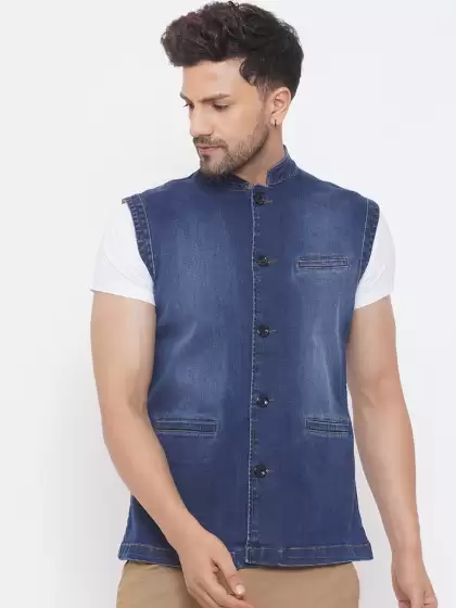 Men Solid Denim Nehru Jackets - image 3