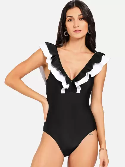 Women Ruffle V-Neck One-Piece Swimsuit - image 3