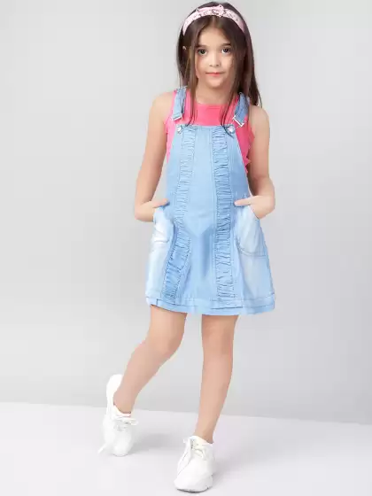 Girls Solid Pinafore Denim Dress - image 3