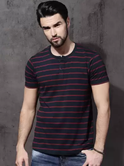 Striped Henley Neck Pure Cotton T-shirt - image 3