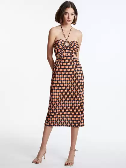 Floral Print A-Line Midi Halter Neck Dress - image 3
