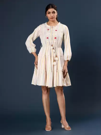 Floral Striped Fit & Flare Tie-Up Neck Puff Sleeve Dress - image 3