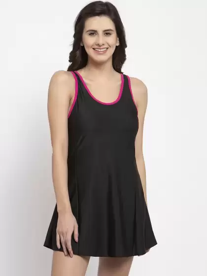 Women Solid Swimdress with Attached Shorts - image 3