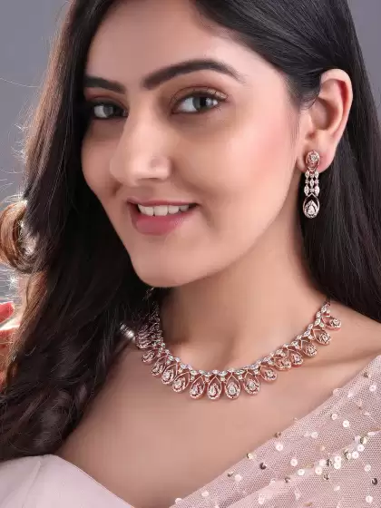 Rose Gold- Plated CZ-Studded Handcrafted Statement Necklace Set - image 3