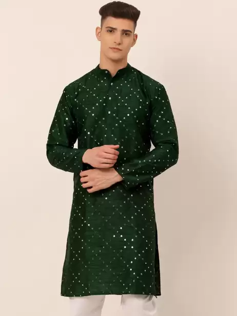 Men Green Mirror Work Kurta - image 4
