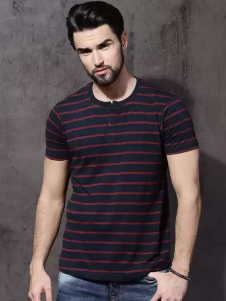 Striped Henley Neck Pure Cotton T-shirt - image 4