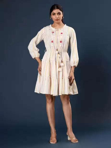 Floral Striped Fit & Flare Tie-Up Neck Puff Sleeve Dress - image 4