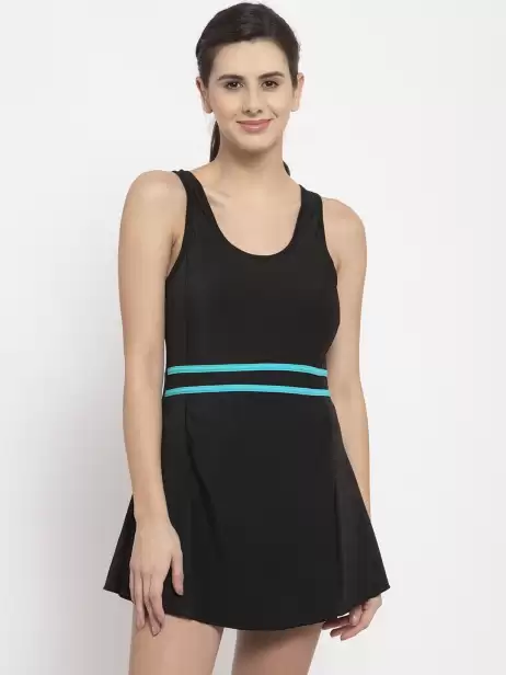 Women Striped A-Line Swimdress with Attached Shorts - image 4