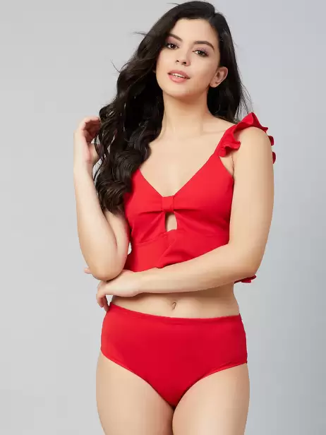 Women Solid Two-Piece Swim Set