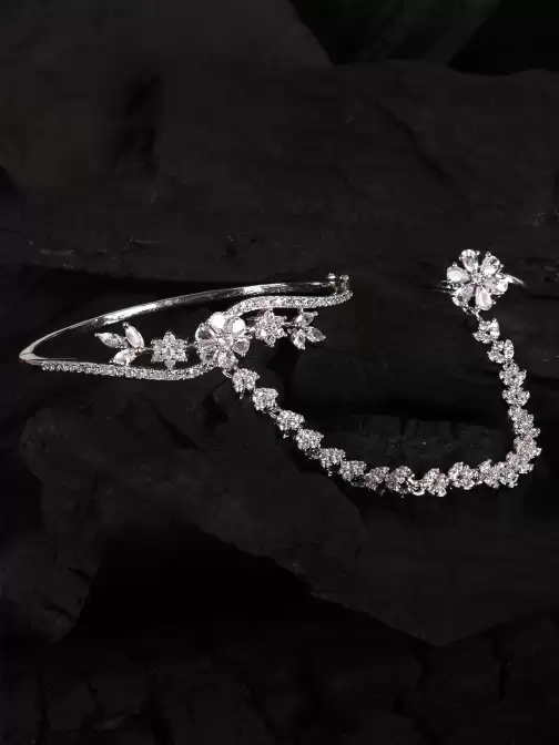 Women American Diamond Handcrafted Silver-Plated Ring Bracelet - image 5