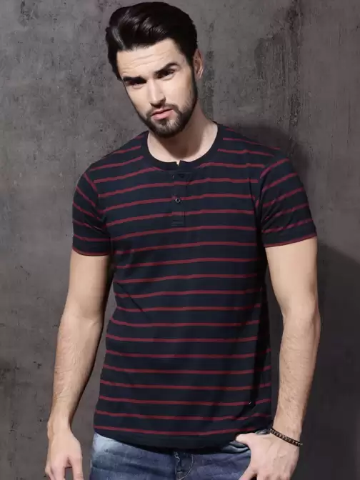 Striped Henley Neck Pure Cotton T-shirt - image 5