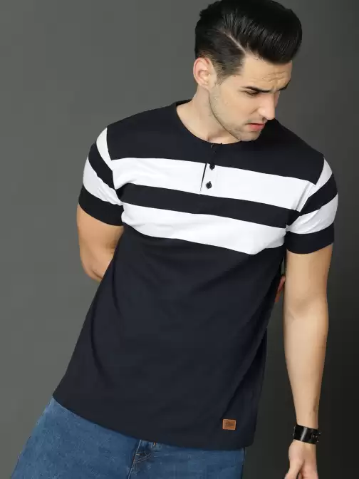 Striped Henley Neck Pure Cotton T-shirt - image 5