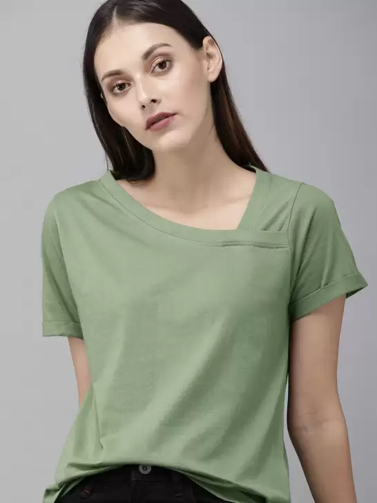 Solid Asymmetric Neck Pure Cotton T-shirt - image 6